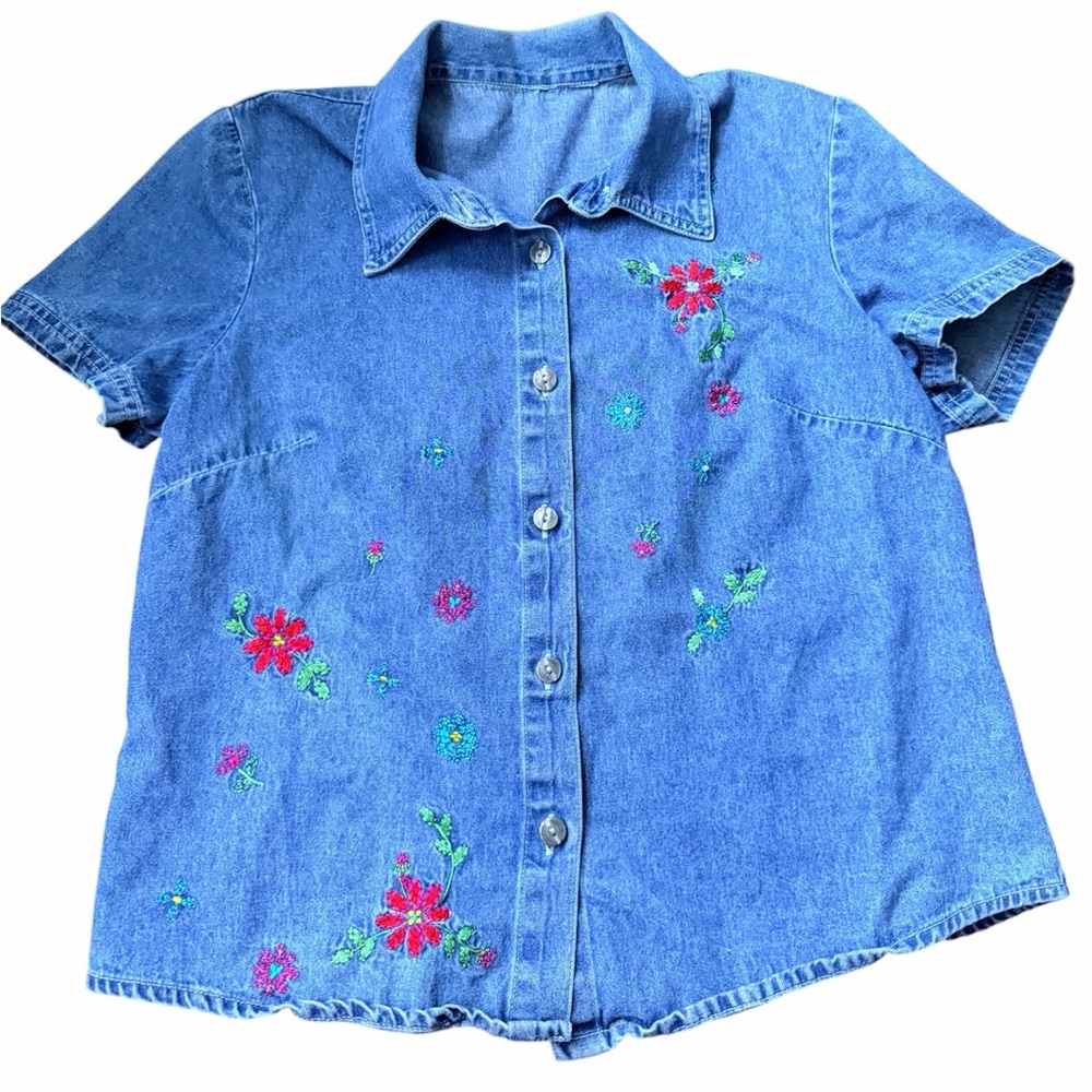 Y2K 90’S Vintage Denim Chambray Short Sleeve Shirt Floral Embroidery Size Large